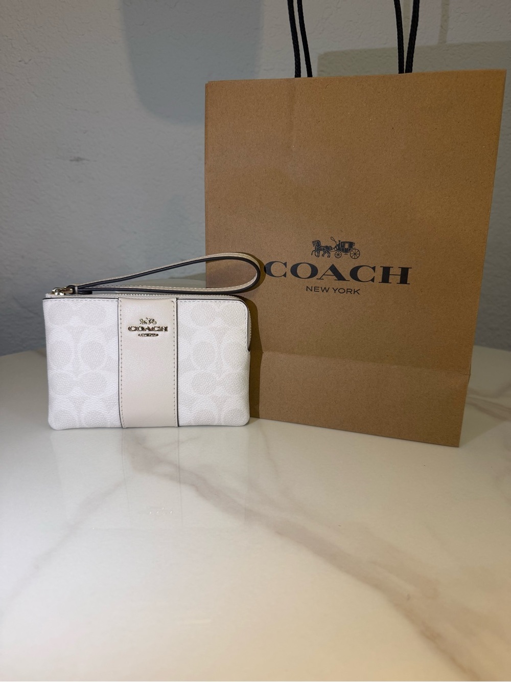 COACH White Signature Canvas Wristlet with Leather Stripe Brand New